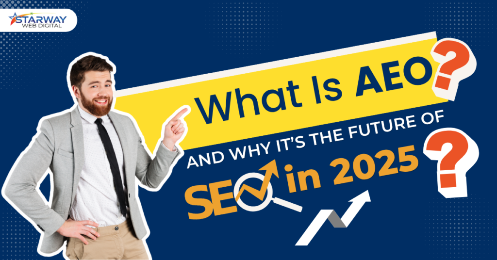 Person pointing toward text that says “What is AEO and why it’s the future of SEO in 2025” — highlighting Answer Engine Optimization concept