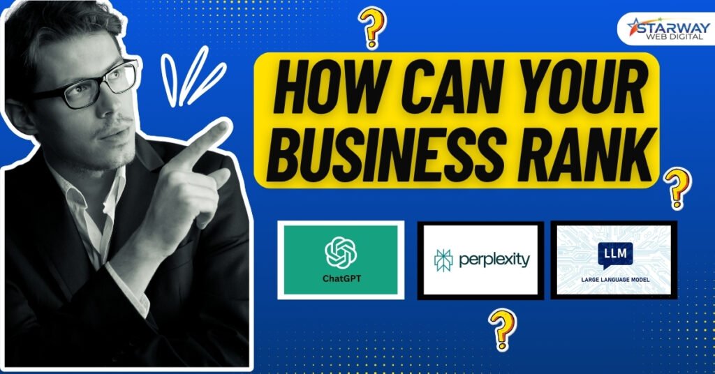 Businessman thinking with ChatGPT, Perplexity, and LLM logos, asking how businesses can rank in AI search tools