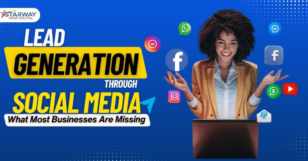 Lead generation through social media with businesswoman and social media icons, Starway Web Digital branding