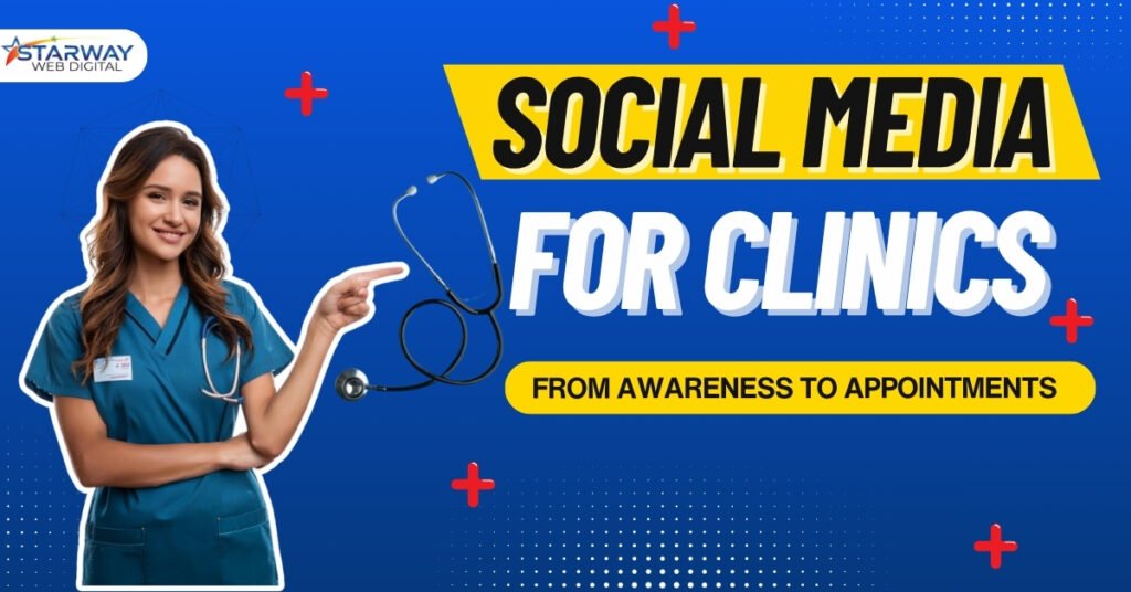 Female doctor pointing towards “Social Media for Clinics” banner, promoting digital marketing for medical practices.