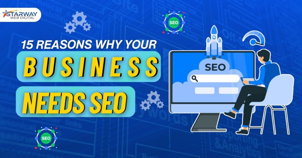 Illustration listing 15 reasons your business needs SEO, with a business professional analyzing SEO strategies on a computer.