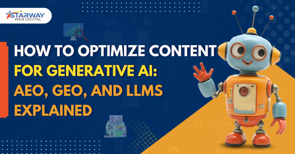 Illustration of a friendly robot next to the title "How to Optimize Content for Generative AI: AEO, GEO, and LLMs Explained" by Starway Web Digital