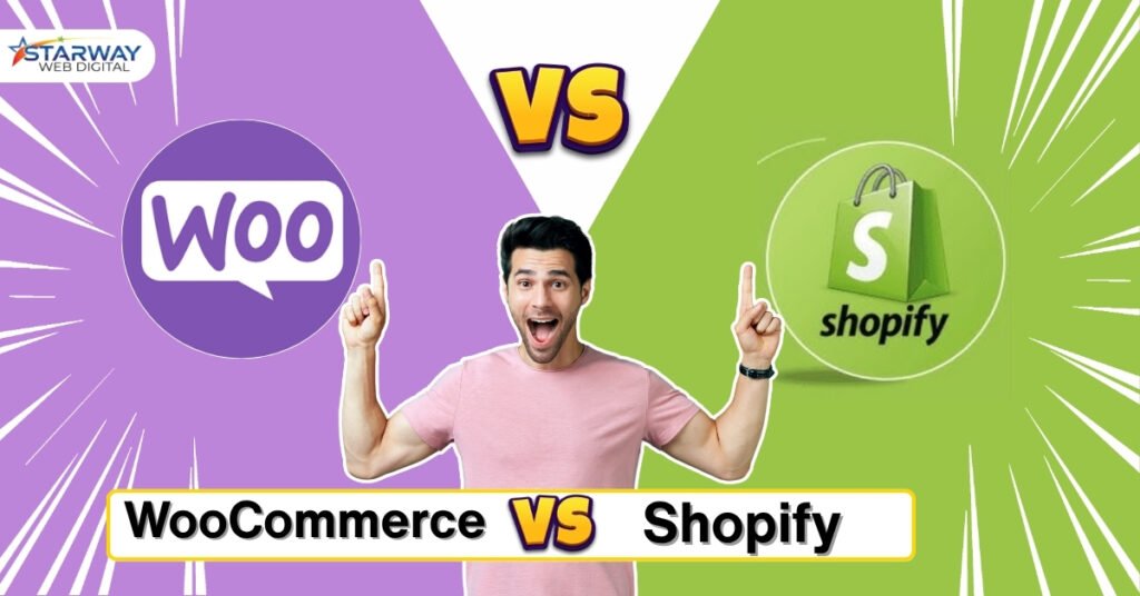 WooCommerce vs Shopify comparison with a man pointing to both logos on a split purple and green background.