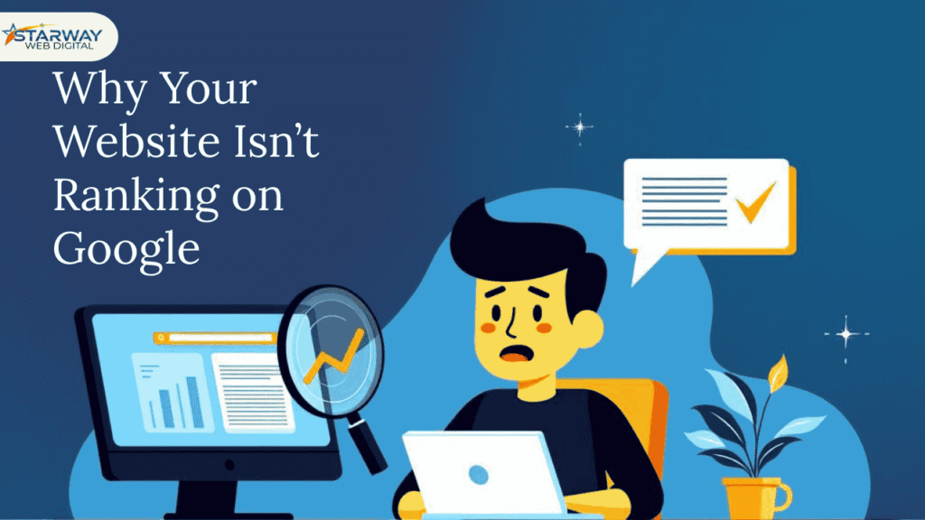 Illustration of a concerned man analyzing website rankings on a computer, with data charts and a magnifying glass, representing website SEO issues and Google ranking challenges.