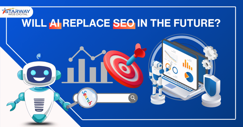 Illustration showing a robot, data charts, and target to represent the question: Will AI replace SEO in the future?